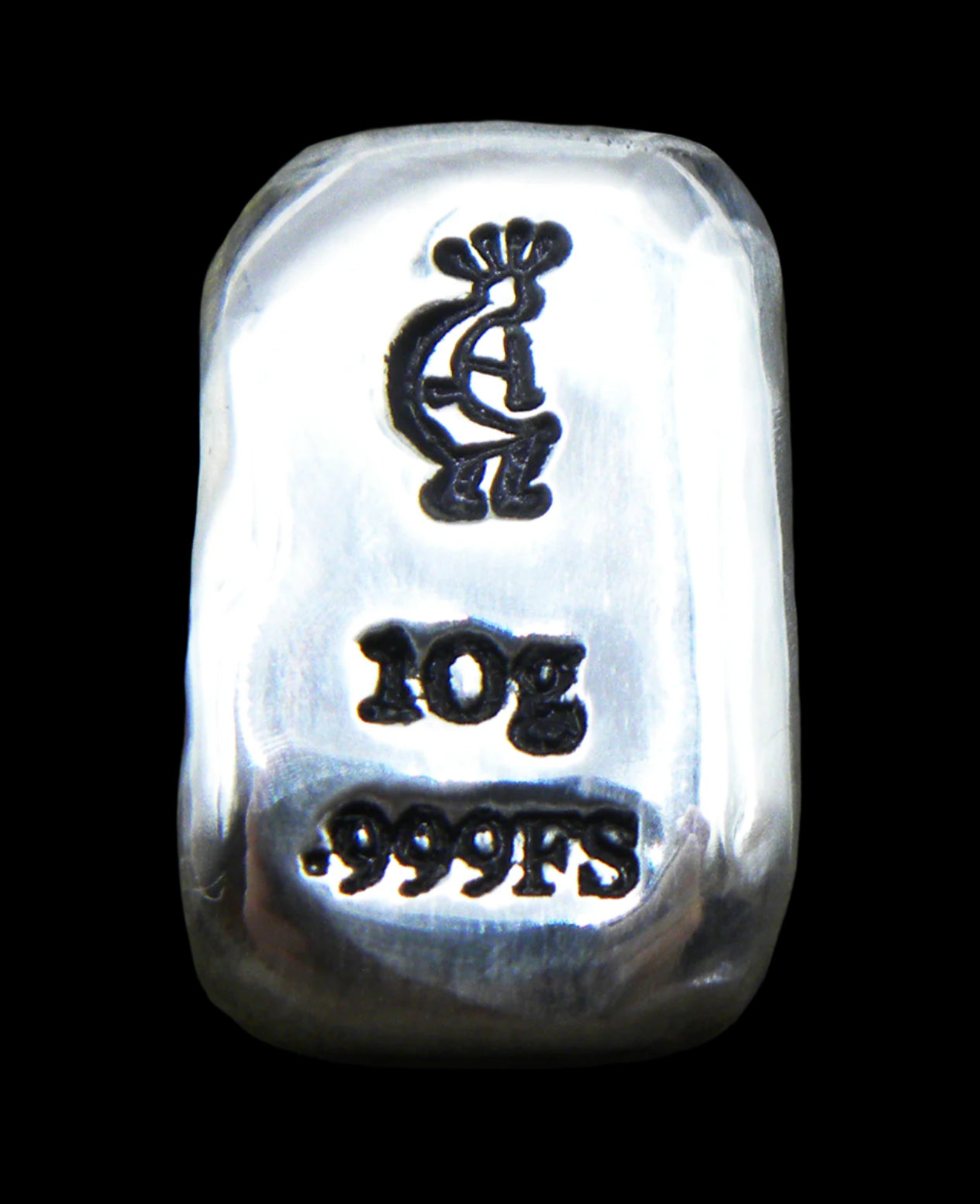 Close-up of a 10-gram 999 fine silver rectangular bar with a polished, reflective surface. The Kokopelli stamp is stamped on the top half of the bar and 10g 999FS on the bottom half. The bar is positioned vertically.