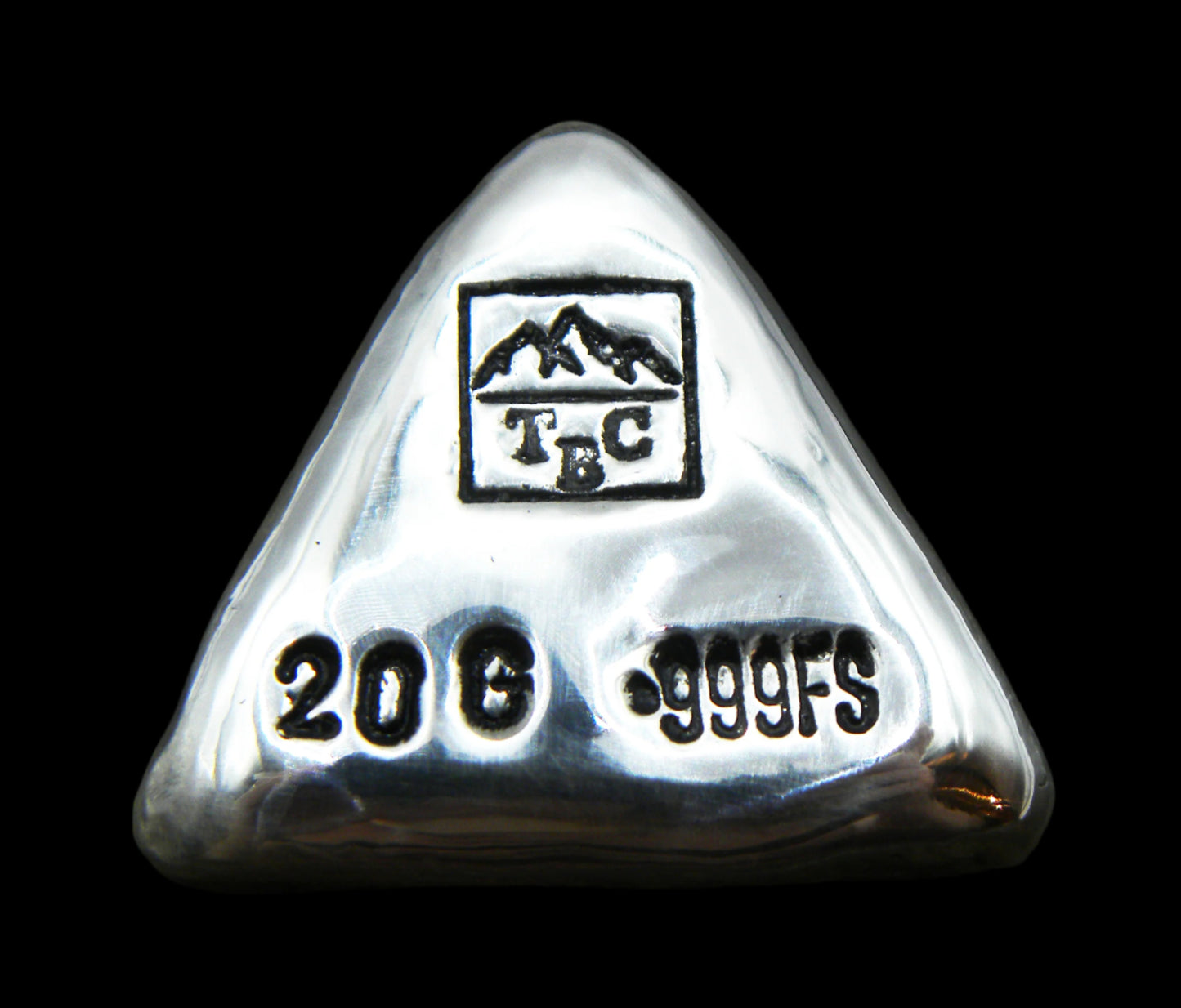 Close-up view of a 20g hand-poured fine silver triangular bullion bar from Tasmanian Bullion Company, featuring prominent TBC, 20g and 999 stamps. The high-polish finish and smooth edges highlight its handcrafted quality and unique pouring process, making it a premium investment piece.