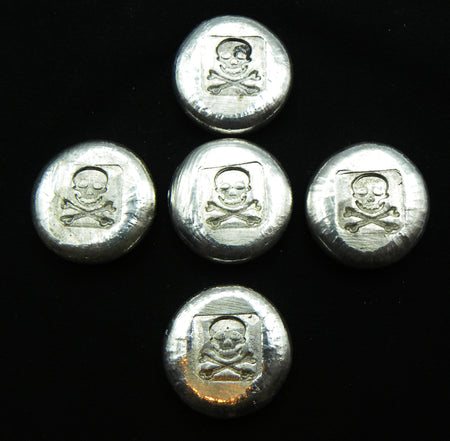 Set of 5 Round Fine Silver Bullion with Skull & Crossed Bones stamped on them