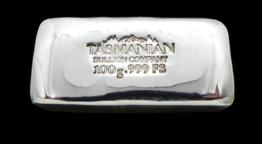 Our popular 100g hand-poured fine silver bar, uniquely crafted by a family-owned business in Tasmania. Each bar features a distinctive hand-stamped design with weight and purity markings, ensuring authenticity. The natural texture and unique imperfections from the pouring process give each bar a one-of-a-kind character. The fine silver surface reflects light, emphasizing its quality and investment appeal. Buy silver bullion today and add this premium 100g bar to your collection