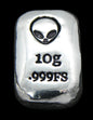 Close-up of a 10-gram 999 fine silver rectangular bar with a polished, reflective surface. The Alien head stamp is stamped on the top half of the bar and 10g 999FS on the bottom half. The bar is positioned vertically.