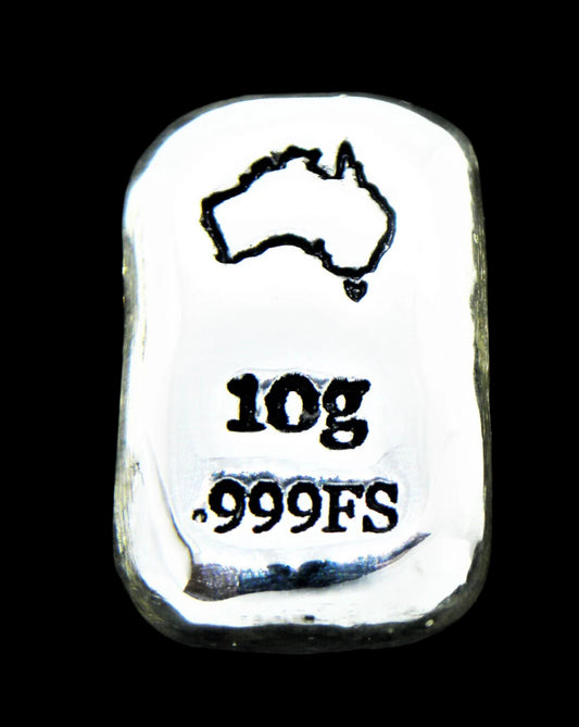 Close-up of a 10-gram 999 fine silver rectangular bar with a polished, reflective surface. The Australia Map outline stamp is stamped on the top half of the bar and 10g 999FS on the bottom half. The bar is positioned vertically.