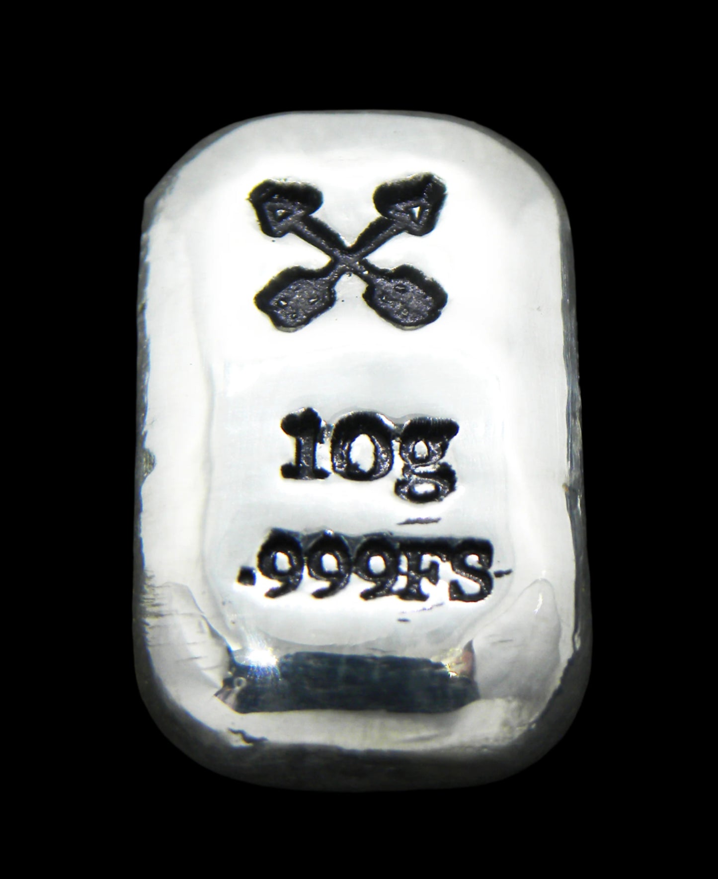 Close-up of a 10-gram 999 fine silver rectangular bar with a polished, reflective surface. The crossed arrows stamp is stamped on the top half of the bar and 10g 999FS on the bottom half. The bar is positioned vertically.