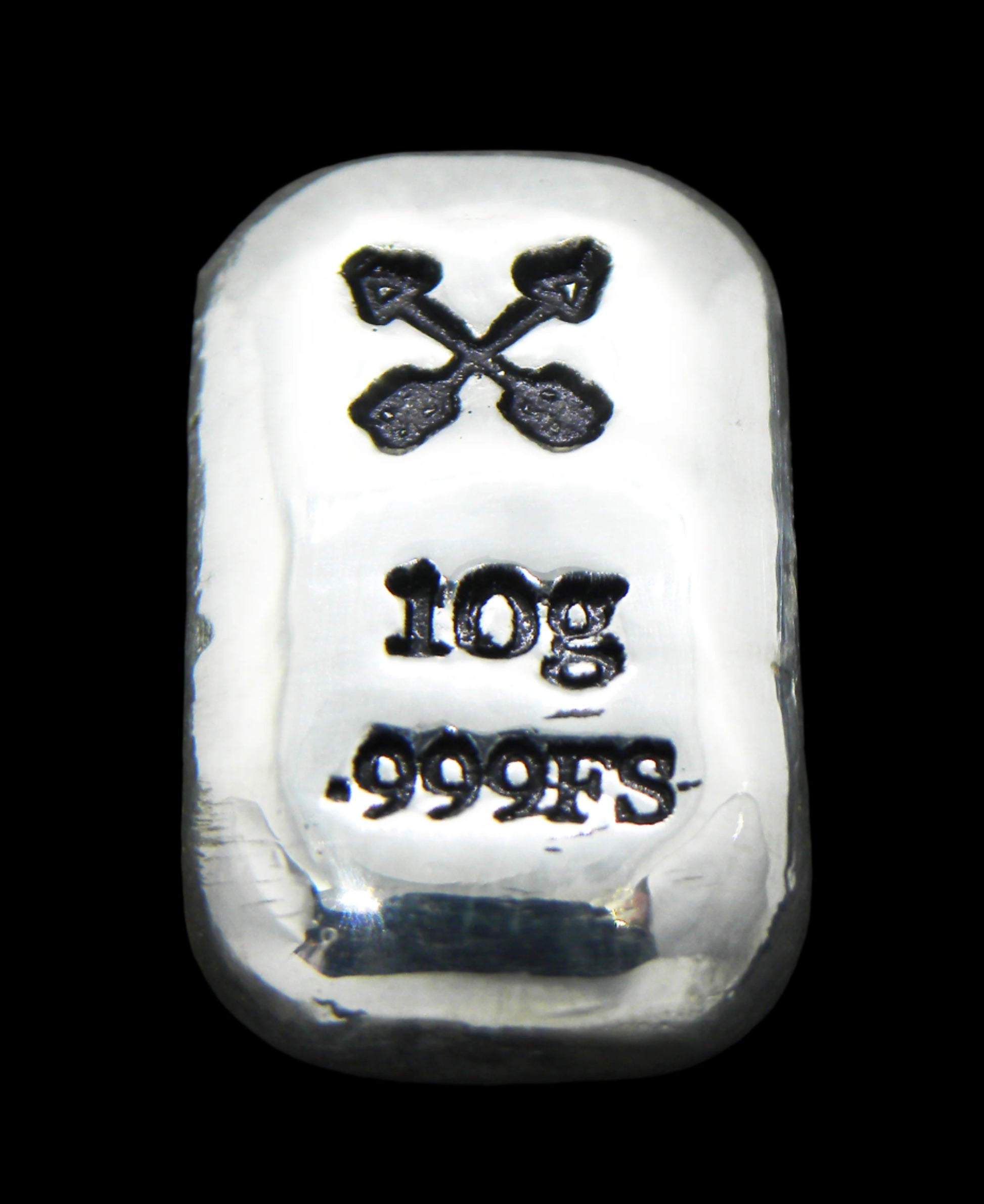 Close-up of a 10-gram 999 fine silver rectangular bar with a polished, reflective surface. The crossed arrows stamp is stamped on the top half of the bar and 10g 999FS on the bottom half. The bar is positioned vertically.