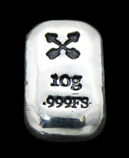 Close-up of a 10-gram 999 fine silver rectangular bar with a polished, reflective surface. The crossed arrows stamp is stamped on the top half of the bar and 10g 999FS on the bottom half. The bar is positioned vertically.