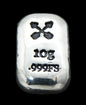 Close-up of a 10-gram 999 fine silver rectangular bar with a polished, reflective surface. The crossed arrows stamp is stamped on the top half of the bar and 10g 999FS on the bottom half. The bar is positioned vertically.