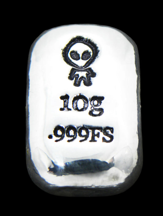 Close-up of a 10-gram 999 fine silver rectangular bar with a polished, reflective surface. The Alien figure stamp is stamped on the top half of the bar and 10g 999FS on the bottom half. The bar is positioned vertically.