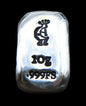 Close-up of a 10-gram 999 fine silver rectangular bar with a polished, reflective surface. The Kokopelli stamp is stamped on the top half of the bar and 10g 999FS on the bottom half. The bar is positioned vertically.