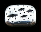 A 1oz hand-poured fine silver bar featuring four stamped UFOs and stars. The high-polish finish and soft edges highlight its handcrafted quality, while the dark patina enhances contrast and detail. A premium collectible from the Tasmanian Bullion Company.