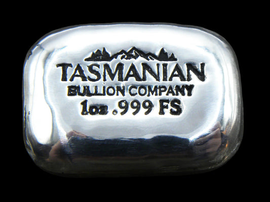 Our most popular 1oz hand-poured rectangular fine silver bar, featuring a bold black patina stamp with weight and purity markings. The high-polish finish and soft edges highlight its handcrafted quality, making it a sought-after collectible from the Tasmanian Bullion Company