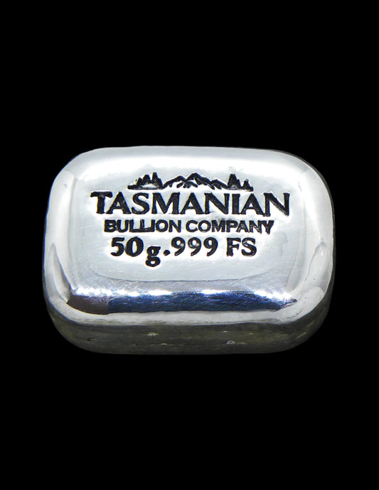 A 50g hand-poured fine silver bar, exclusive to the Tasmanian Bullion Company. Featuring a chunky design, beautiful soft edges, and a high-polish finish, each bar is uniquely stamped with a striking black patina for a crisp look. Crafted with care by a family-owned business, this bar is a collectible investment piece and a very solid bar.