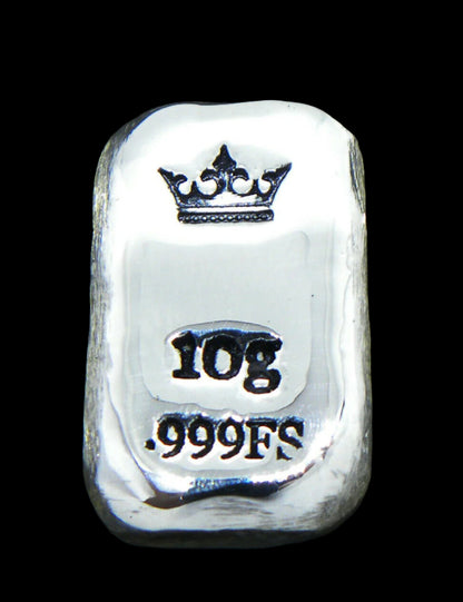 Close-up of a 10-gram 999 fine silver rectangular bar with a polished, reflective surface. The Medieval King's Crown stamp is stamped on the top half of the bar and 10g 999FS on the bottom half. The bar is positioned vertically.