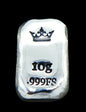 Close-up of a 10-gram 999 fine silver rectangular bar with a polished, reflective surface. The Medieval King's Crown stamp is stamped on the top half of the bar and 10g 999FS on the bottom half. The bar is positioned vertically.