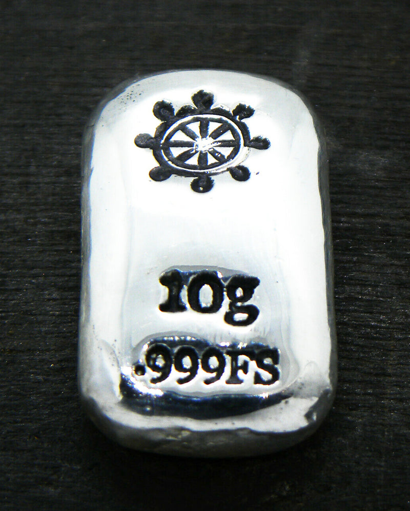 10g Hand Poured Fine Silver Bar .999 - Ship's Wheel