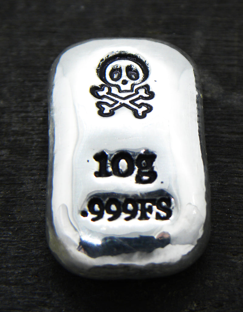 10g Hand Poured Fine Silver Bar .999 - Skull & Crossed Bones