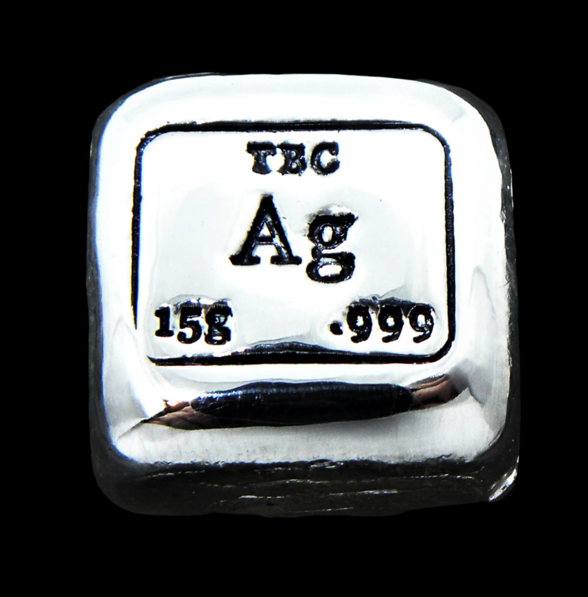 A 15g hand-poured fine silver bullion bar featuring bold TBC, Ag, 15g and 999 purity stamps with a deep black patina for enhanced contrast. The high-polish finish and soft edges highlight its handcrafted quality, while the unique pouring texture makes each piece one of a kind. A premium investment bullion from the Tasmanian Bullion Company